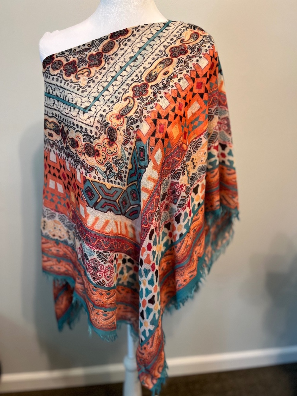 Nurture Boho Aztec Print Fringe Poncho Sz S/M Teal Orange Kimono Cover Up
